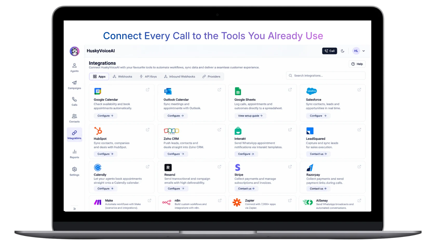 HuskyVoiceAI integrations dashboard showing CRM, calendars, Google Sheets, messaging, payments and automation platforms