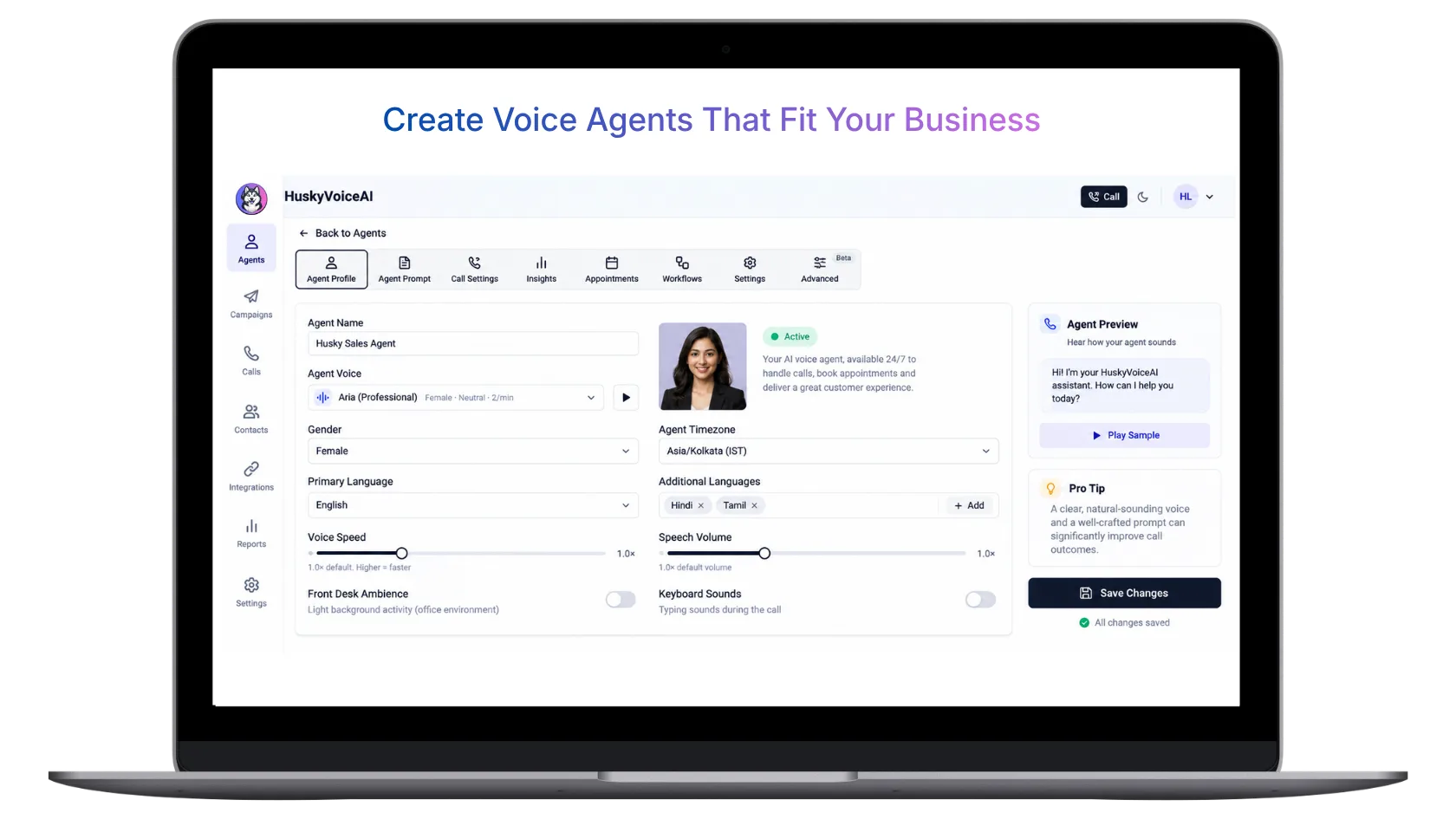 HuskyVoiceAI AI Voice Agent configuration screen with voice, language, settings and agent preview