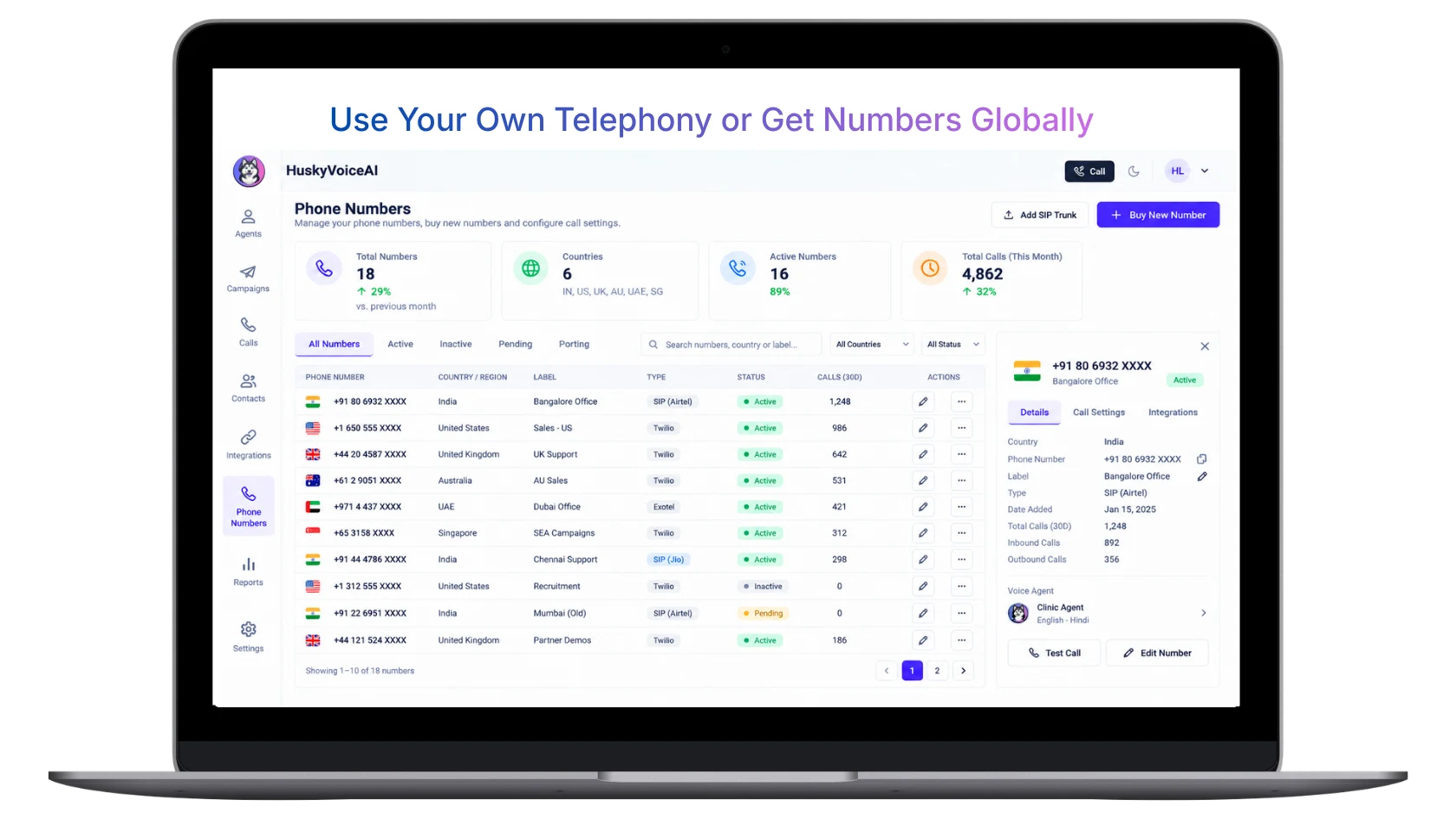 HuskyVoiceAI telephony dashboard showing business phone numbers, countries and SIP providers