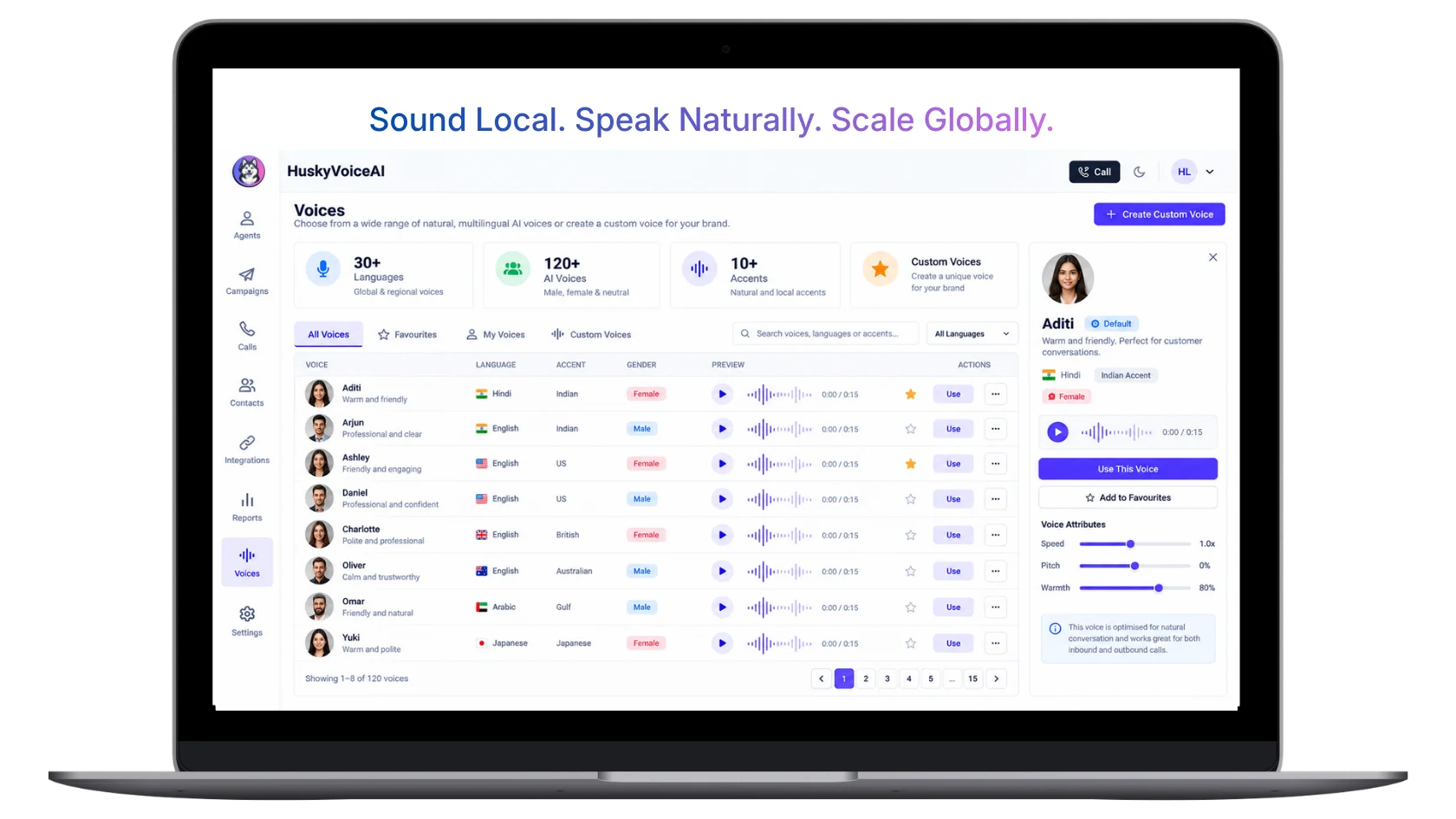 HuskyVoiceAI voices dashboard showing multilingual AI voices, accents and voice configuration