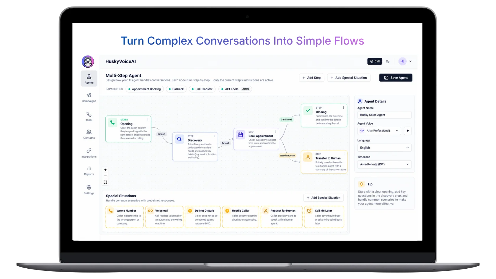 HuskyVoiceAI multi-step AI Voice Agent workflow with appointment booking and human transfer